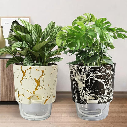 4.8 Inch Self Watering Pots for Indoor Plants 2 Pack, Plastic Modern Decorative Plant Pots with Transparent Water Reservoir, Outdoor Garden Flower Herb Succulent Pot, Marble Printed