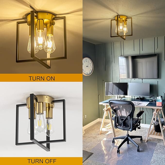 Modern Cube Frame Ceiling Light Fixture, 3 Bulbs, Black and Gold Finish, for Entryway Porch Hallway Stairway Garage Living Room Dining Room Balcony