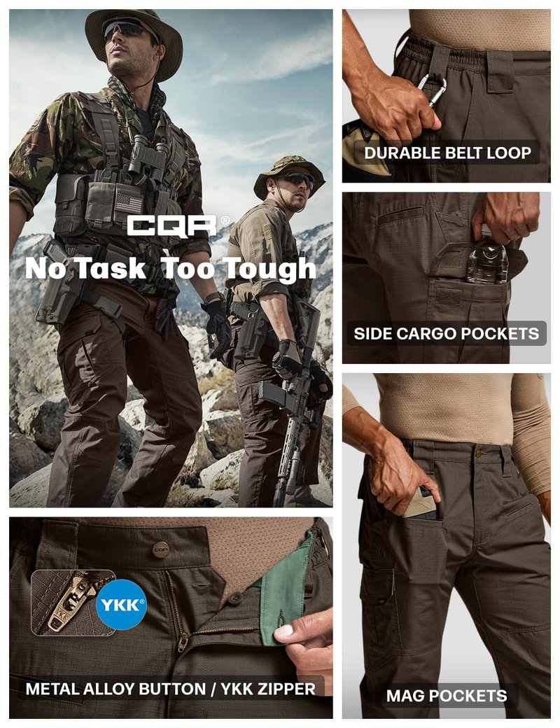 CQR Men's Tactical Pants, Water Resistant Ripstop Cargo Pants, Lightweight EDC Work Hiking Pants, Outdoor Apparel, Raider Dark Brown, 28W x 30L
