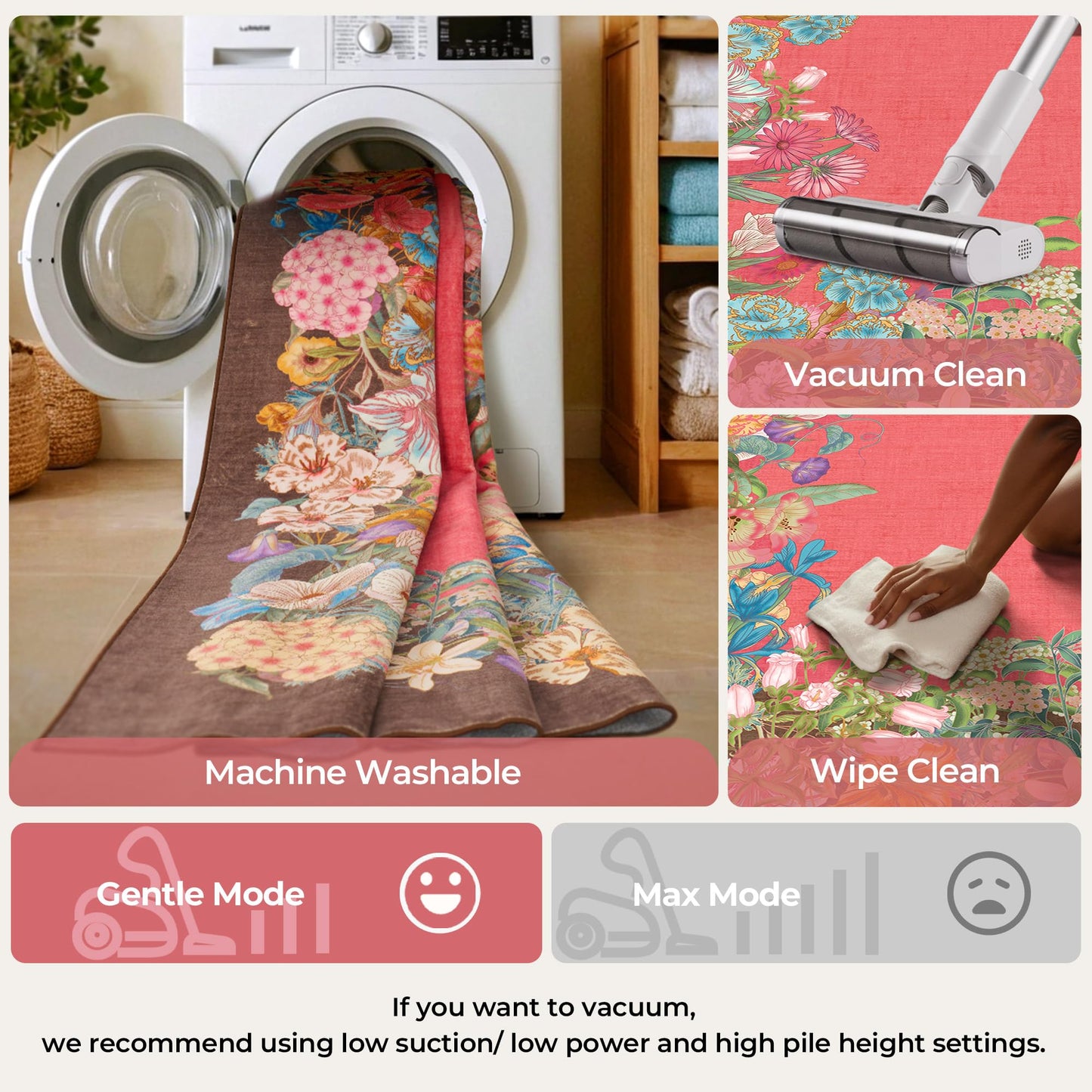 8x10 Floral Area Rug for Living Room Machine Washable Rose Brown Boho Floral Print Carpet Non-Slip Stain Resistant Floor Mat for Bedroom Dining Room Home Office Decor