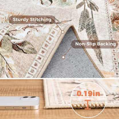 jinchan Round Rug 5ft Beige Jungle Animals Print, Machine Washable 5' Circle Modern Soft Non-Slip Forest Plant Throw Area Rug, Ultra-Thin Low Pile Carpet for Entryway Bedroom Kitchen Kids Room
