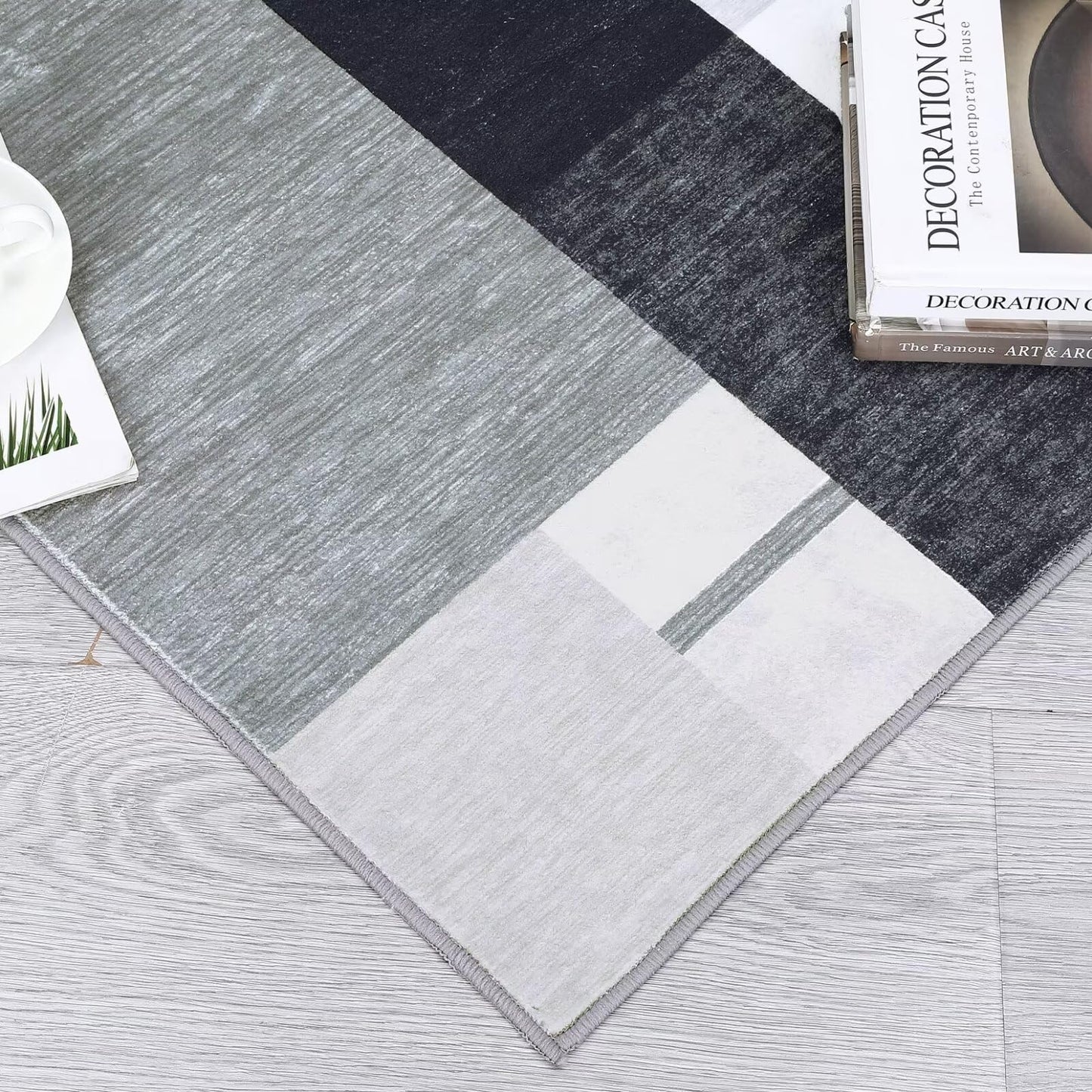 GAOMON Grey Low Pile Geometric Area Rug 9x12 FT, Faux Wool, Non Slip, Washable, Modern, Foldable for Living Room, Home Office, Bedroom