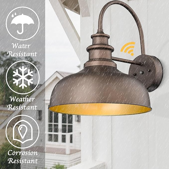 Bestshared 14 Inch Dusk to Dawn Gooseneck Barn Lights Farmhouse Outdoor Wall Sconce Industrial Exterior Wall Lighting Fixture Vintage Porch Lantern Lamp for Patio,Garage,Front Doo(ORB+Gold, 14"-2Pack)