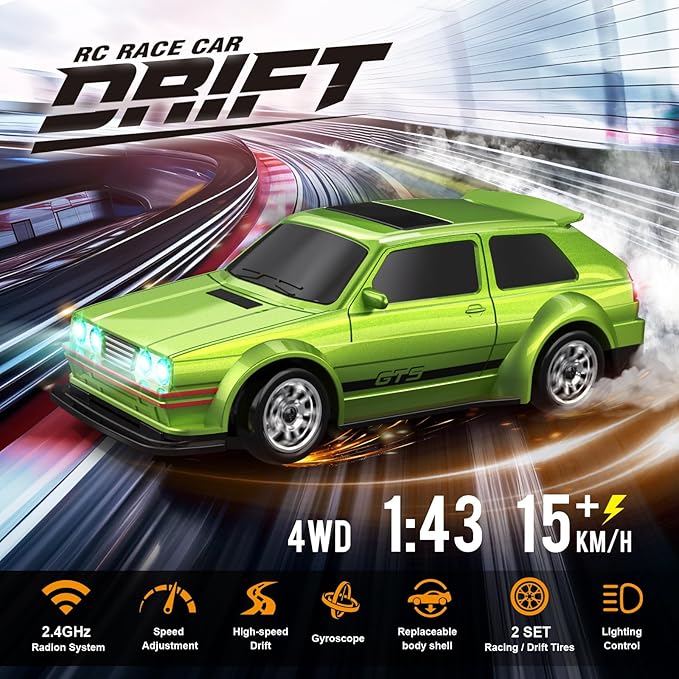Mini RC Drift Car 1/43 with Gyroscope 4WD Full Proportional RC Car 2.4GHZ Hobby Grade Remote Control Cars RTR Model Vehicle 20+KM/H High Speed for Hobbyists Kids Adults(Green)