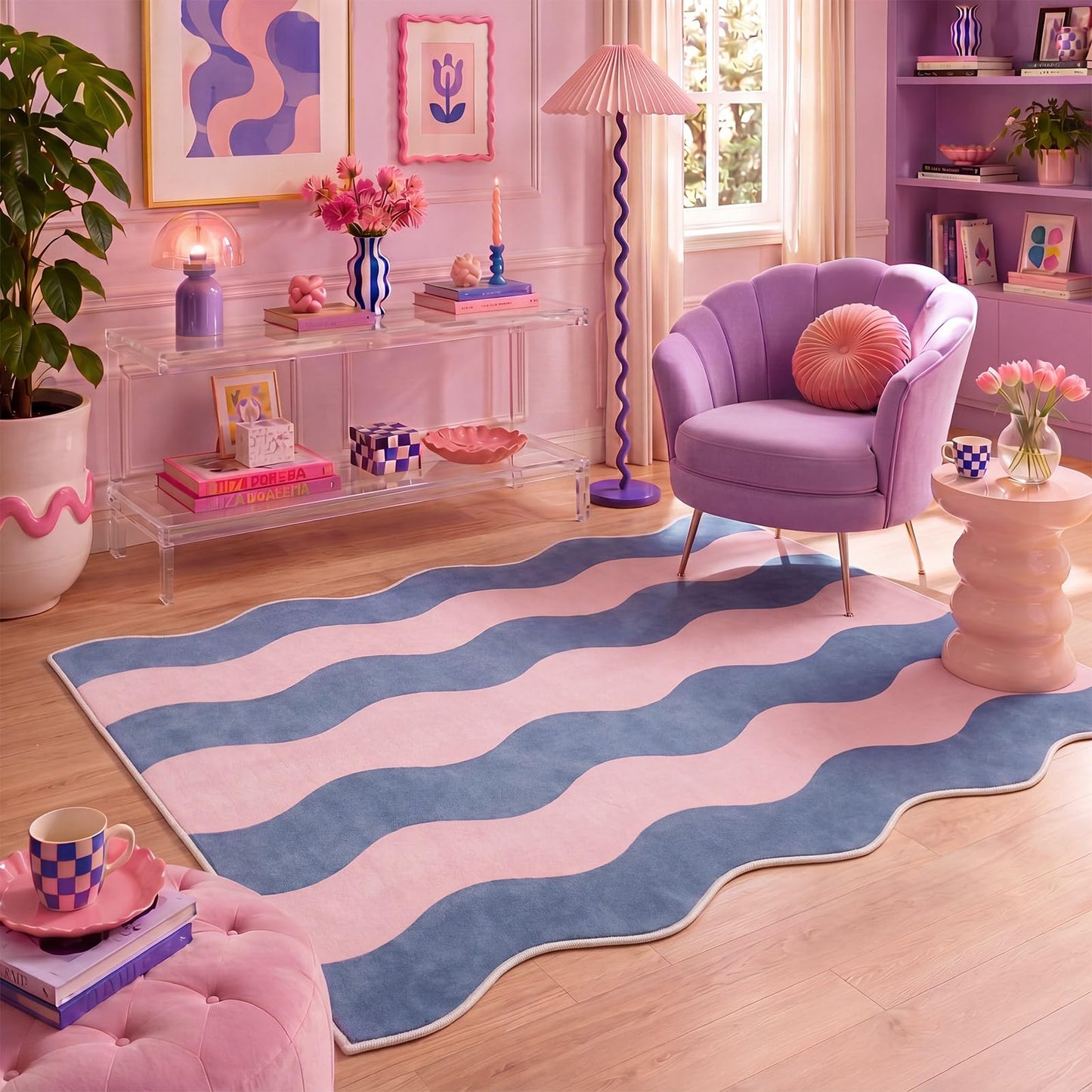 Nuanchu 5x7 ft Scalloped Area Rug, Funky Two-Tone Wave Striped Aesthetic Carpet, Non Slip Non Shedding Low Pile Machine Washable Geometric Floor Mat for Living Dining Room Bedroom Home Office