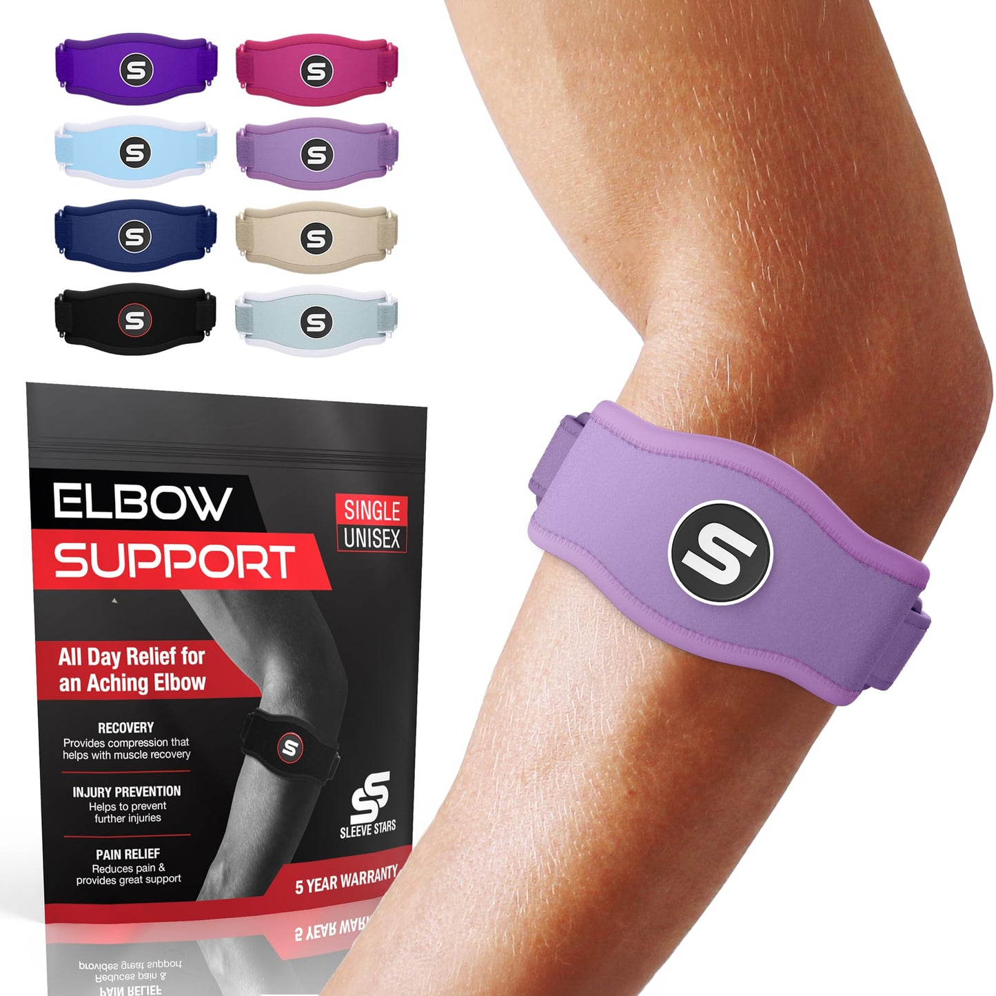 Sleeve Stars Tennis Elbow Brace for Men & Women, Elbow Brace for Tendonitis, Tennis Elbow Strap, Golfers Elbow Brace, Elbow Support Wrap for Tennis Elbow Relief, Fits 9"-23" (Pair/Light Purple)