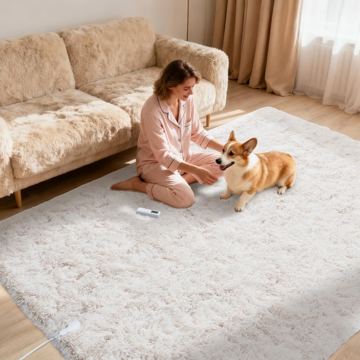 GarveeHome 5x7 ft Wireless Heated Floor Mat, Electric Heated Rug Gaming Rug with 6 Heat Levels & 10H Auto Off, Soft Plush Heating Carpet Foot Warmer for Living Room Bedroom Office Playroom, White