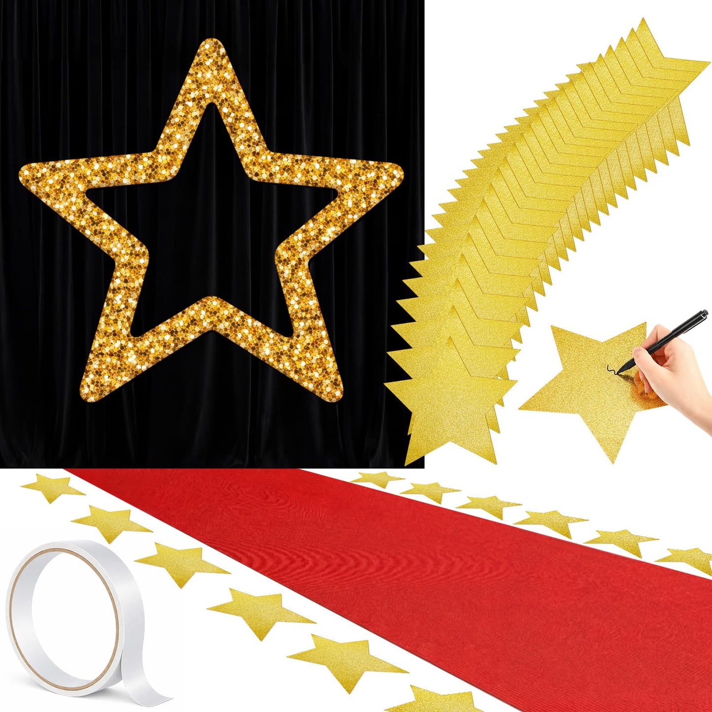 eBoot Red Carpet Runner Backdrop 23ft Graduation Aisle Runner with Large Star Backdrop and 24 Star Paper Cutouts for Graduation Ceremony End of Years Movie Theme Party Entrance Photo Booth Decorations