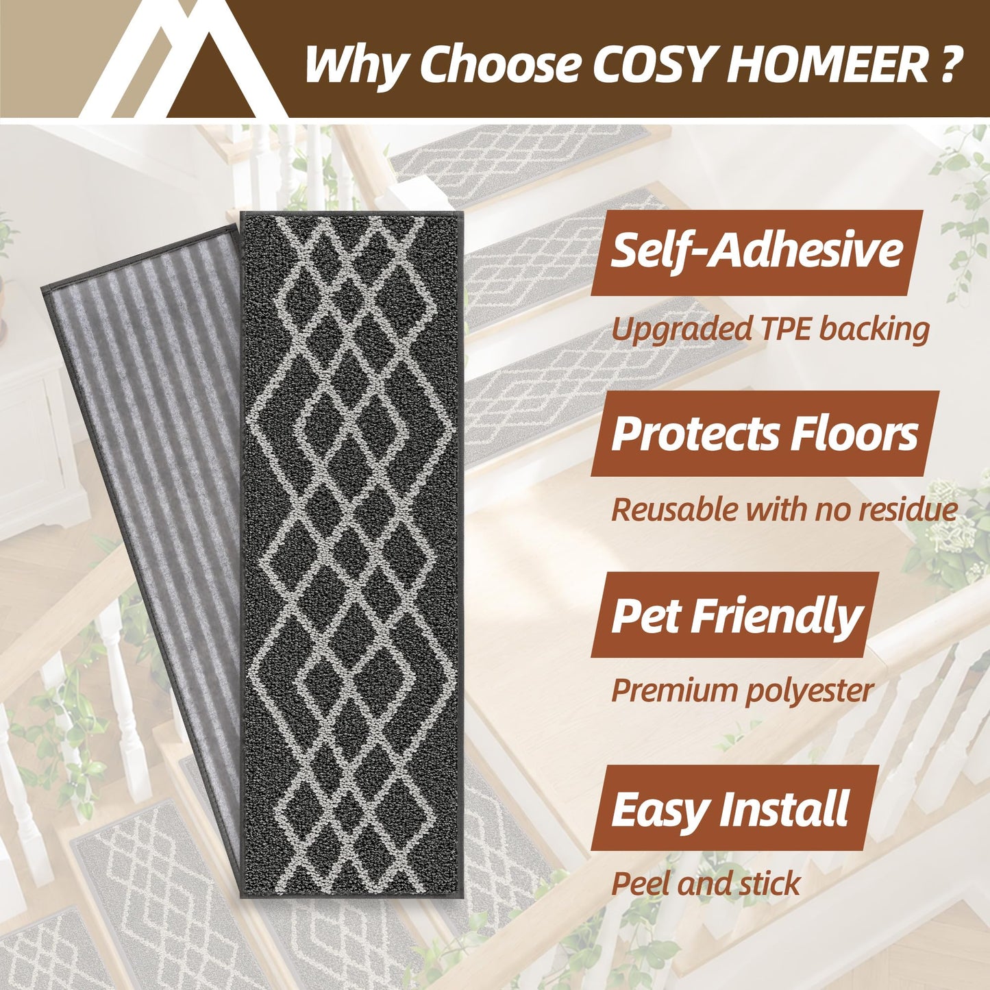 COSY HOMEER Soft Stair Treads Non-Slip Carpet Mat 28inX9in Indoor Stair Runners for Wooden Steps,Stair Rugs for Kids and Dogs, 100% Polyester TPE Backing 7pcs,Black,Rhombus
