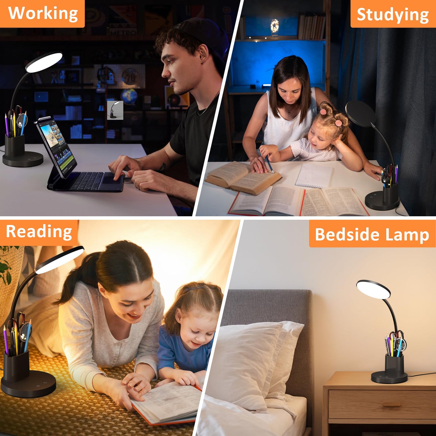 Vicsoon Desk Lamp, LED Desk Lamps for Home Office, Touch Table Lamp with 3 Color Modes 360° Adjustable Arm, Dimmable Desk Light with Pen Phone Holder for College Dorm, Black
