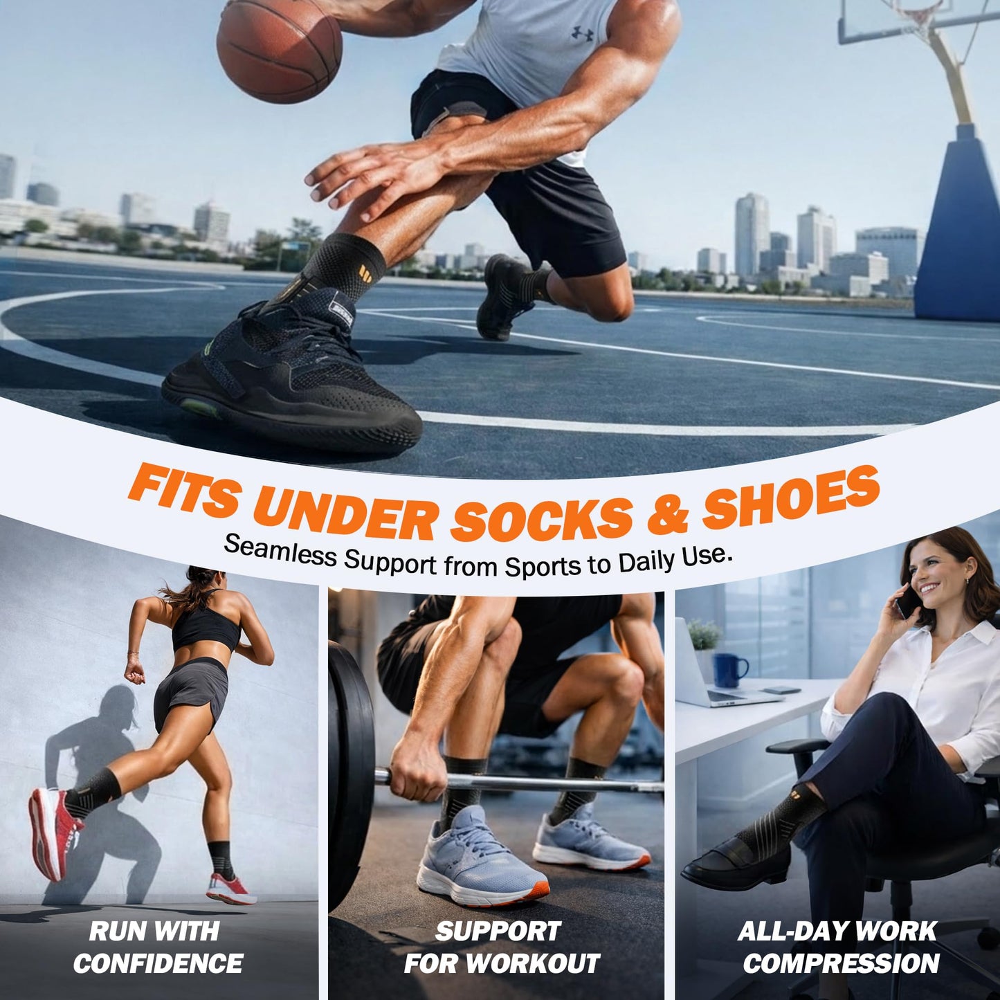 WHCOOL Low-Profile Ankle Braces for Women & Men, Customizable Ankle Compression Sleeve w/Wide Strap, Foot Support Wrap for Plantar Fasciitis Pain Relief, Achilles Tendonitis, Sprain, Black, 1 Pair, XL