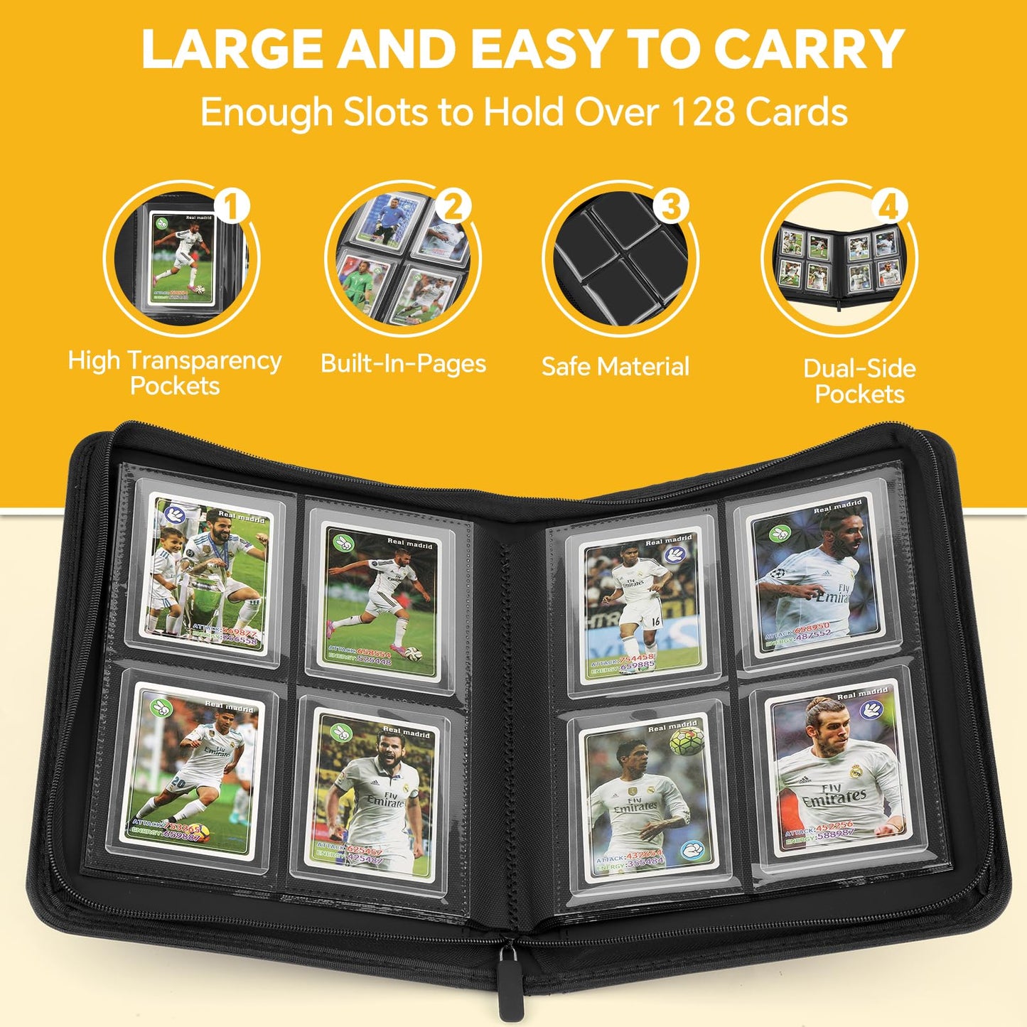 Toploader Binder,Toploader Hard Cases, 4-Pocket Pages Sleeves Hold up 128 Cards.Toploader Card Binder with Sleeves for “3×4” rigid，Card Holder(blue)