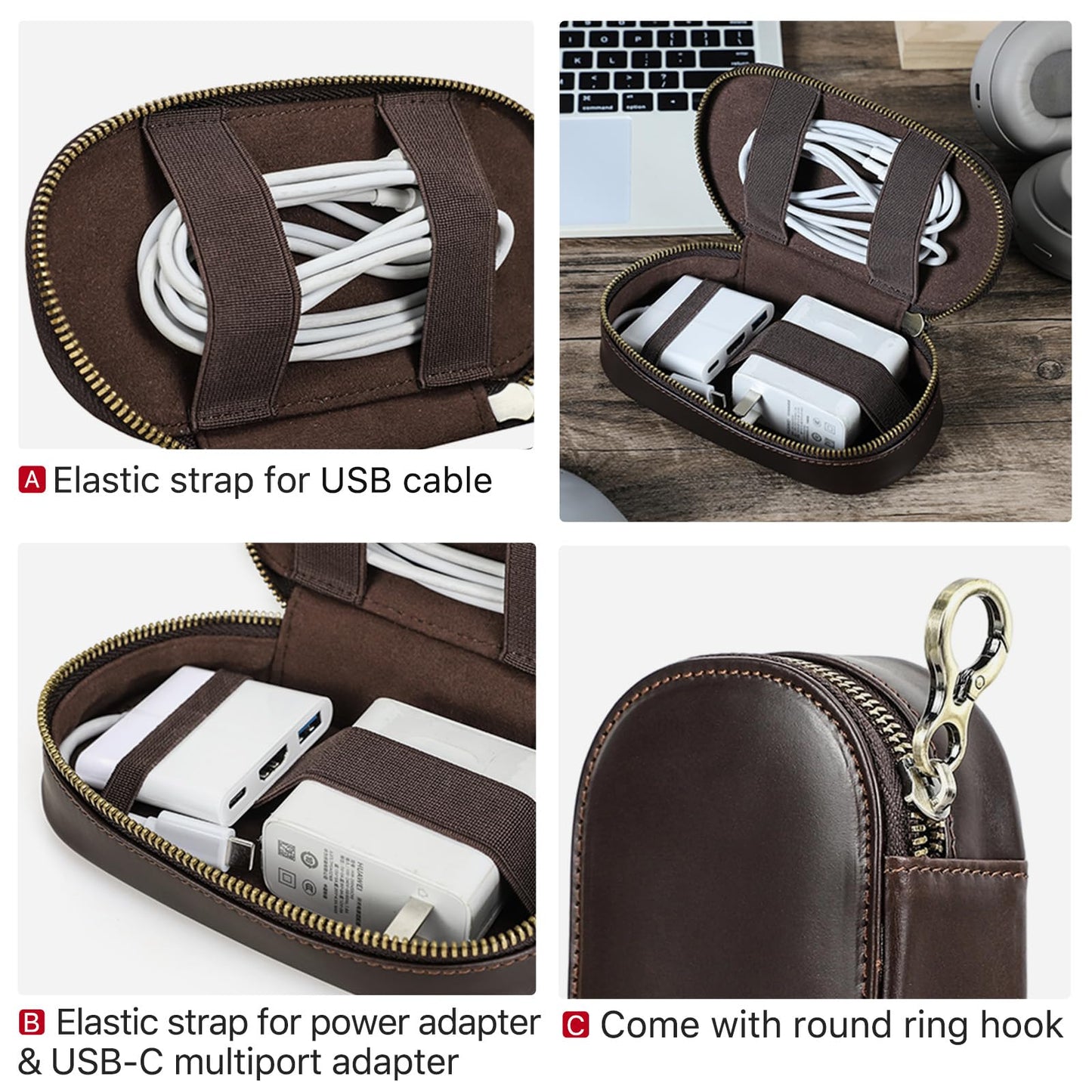 Hiram Handmade Full Grain Oil Bead Leather Tech Pouch – Digital Accessories Travel Case Portable Tech Organizer with Elastic Straps for USB Cables for Business Travel & EDC