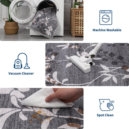 Garvee 5x7 Washable Living Room Rugs, Non Slip Bedroom Rugs, Large Floral Print Throw Carpet for Dining Room, Soft Low Pile Botanical Home Decor Rug for Nursery Home Office, Grey