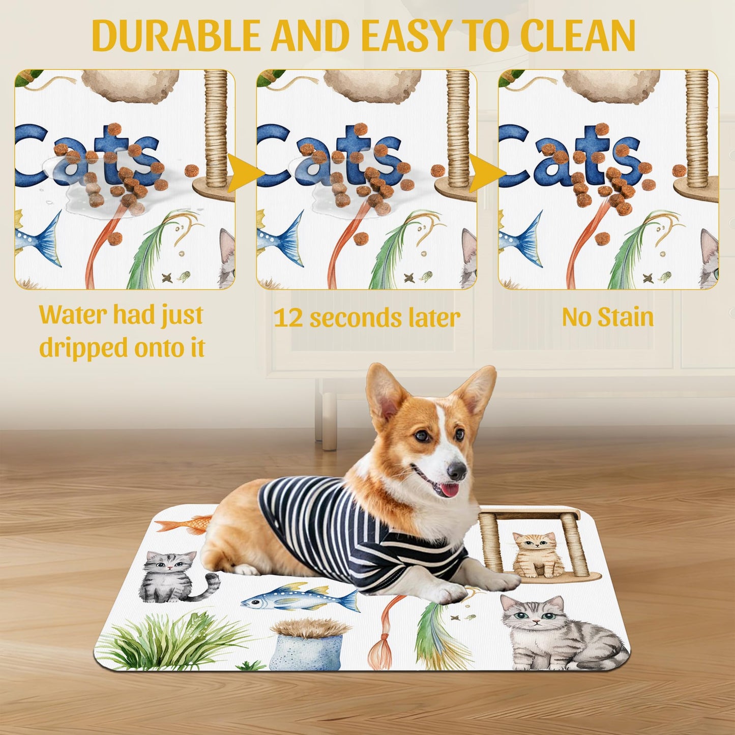 Cat Fun Pet Feeding Mat, Absorbent Bowl Pad for Dogs and Cats, Fast Dry, Non-Slip Back, Indoor Use – 12x20 Inch
