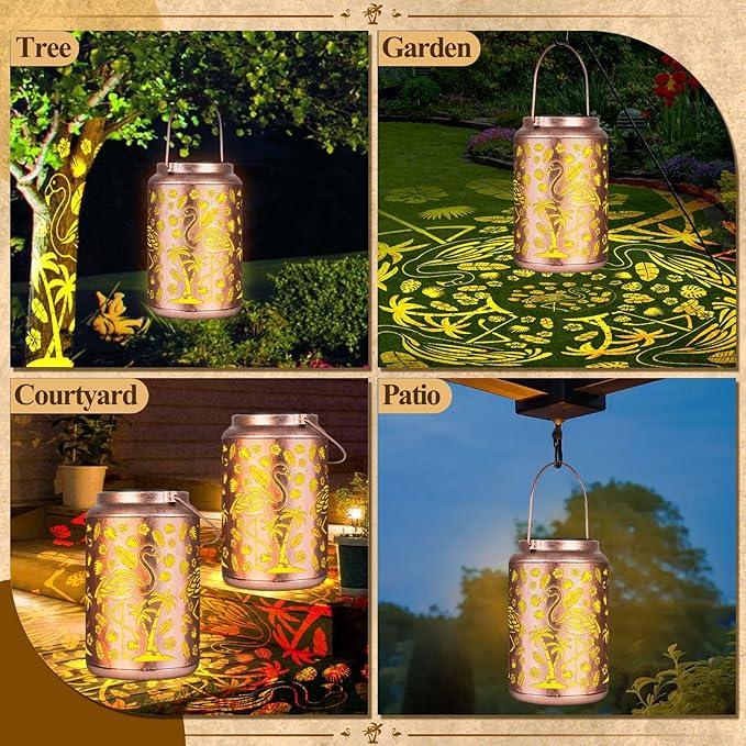 Flamingo Solar Lanterns Outdoor Waterproof Garden Decor Lantern Gifts for Mother Grandma, Retro Metal Hanging Solar Lights Decoration Outside for Yard, Patio, Backyard, Porch, Flamingo Gifts