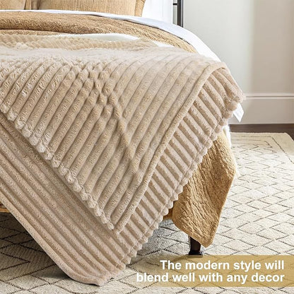 decorUhome Soft Fleece Light Brown Blanket Queen Size for Bed, Cozy Fluffy Plush Flannel Large Striped Throws for Couch Sofa, Lightweight Decorative Fuzzy Blanket for Woman, 90x90 Inches