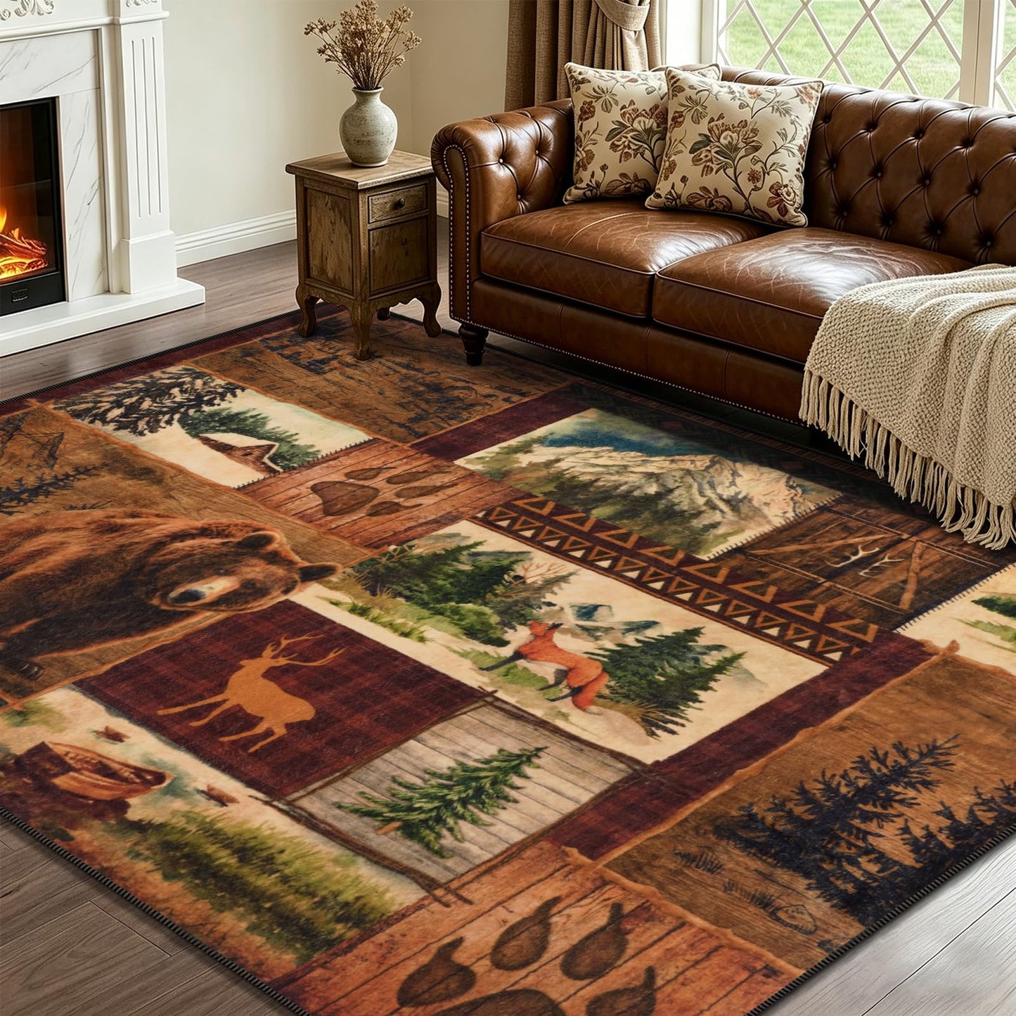 ASPMIZ 3x5 Rustic Area Rugs Non-Slip Washable — Buffalo Plaid Country Log Cabin Bear Deer Fox Design, Vintage Soft Faux Wool Throw Rug for Living Room Bedroom, Low Pile
