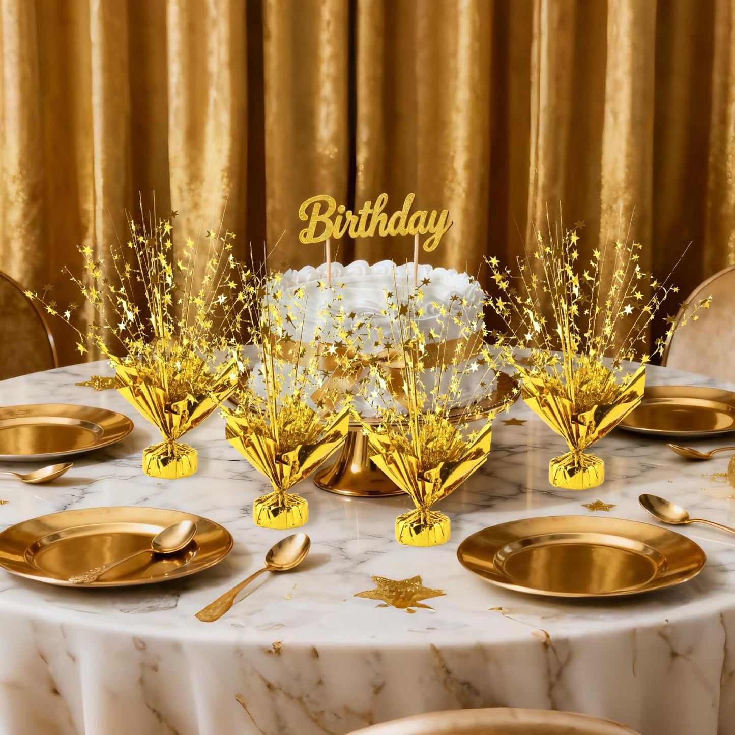 6 Pcs Metallic Foil Spray Centerpiece Star Party Table Decorations, Burst Gold Centerpieces for Table Birthday Party Event Wedding Graduation Anniversary Class Reunion (Gold)