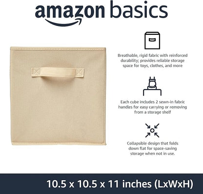 Amazon Basics Collapsible Fabric Storage Cubes Organizer with Handles, Sturdy Storage Bins for Organization, 10.5" x 10.5" x 11", Beige, 6-Pack