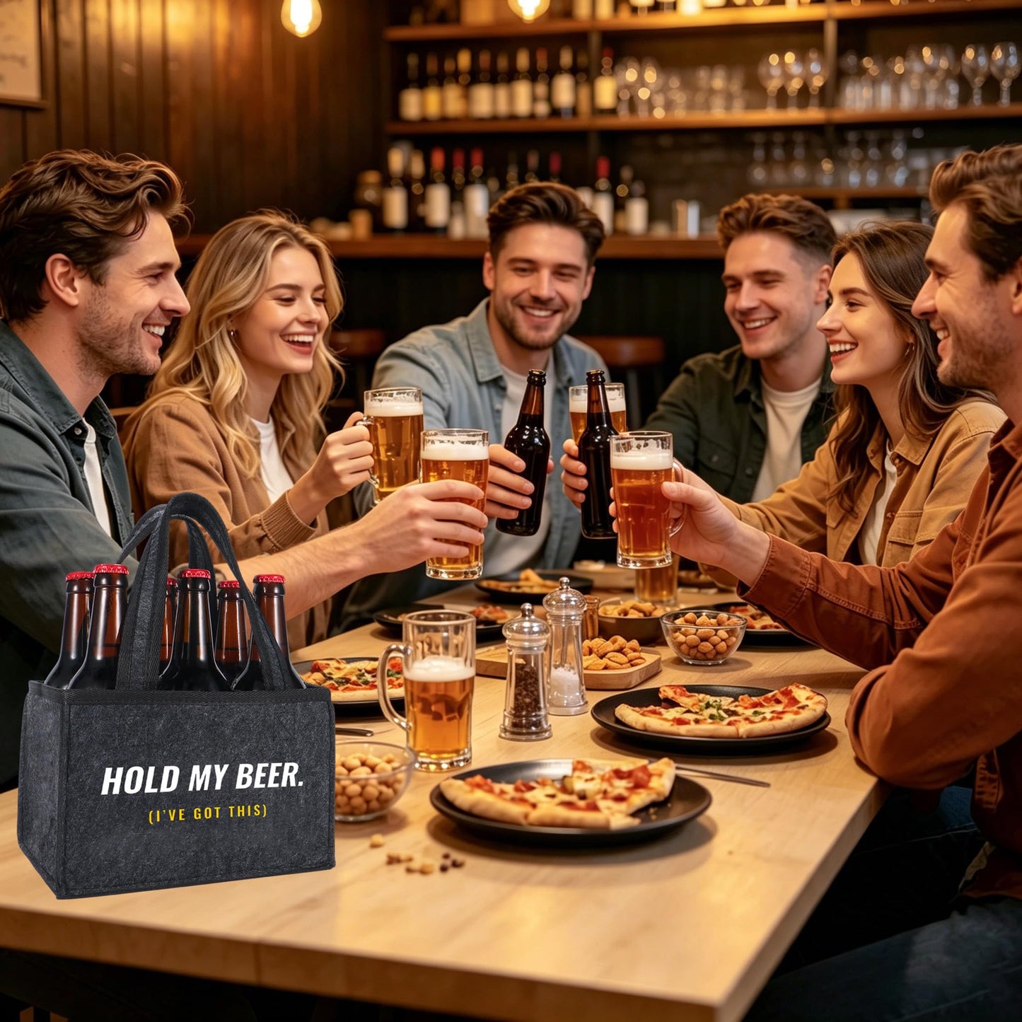 Funny Beer Drink Carrier Bag for Men, Birthday Gift for Beer Lovers, Unique Gifts for Him, Party, BBQ, Camping, and Tailgating, 6-Bottle Felt Beer Tote