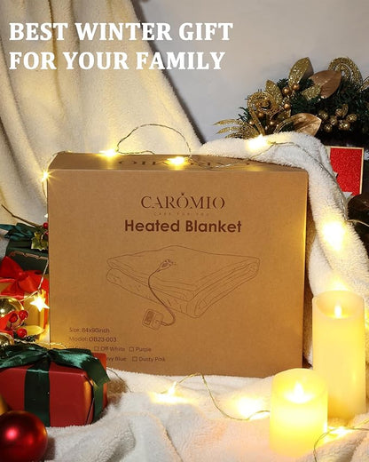 CAROMIO Heated Blanket Twin Size, Waffle Weave Electric Throw Blanket Fast Heating with LCD Controller, 10 Heat Levels & 1-12H Time Settings Auto Off, ETL Certified, Off White, 62" x 84"