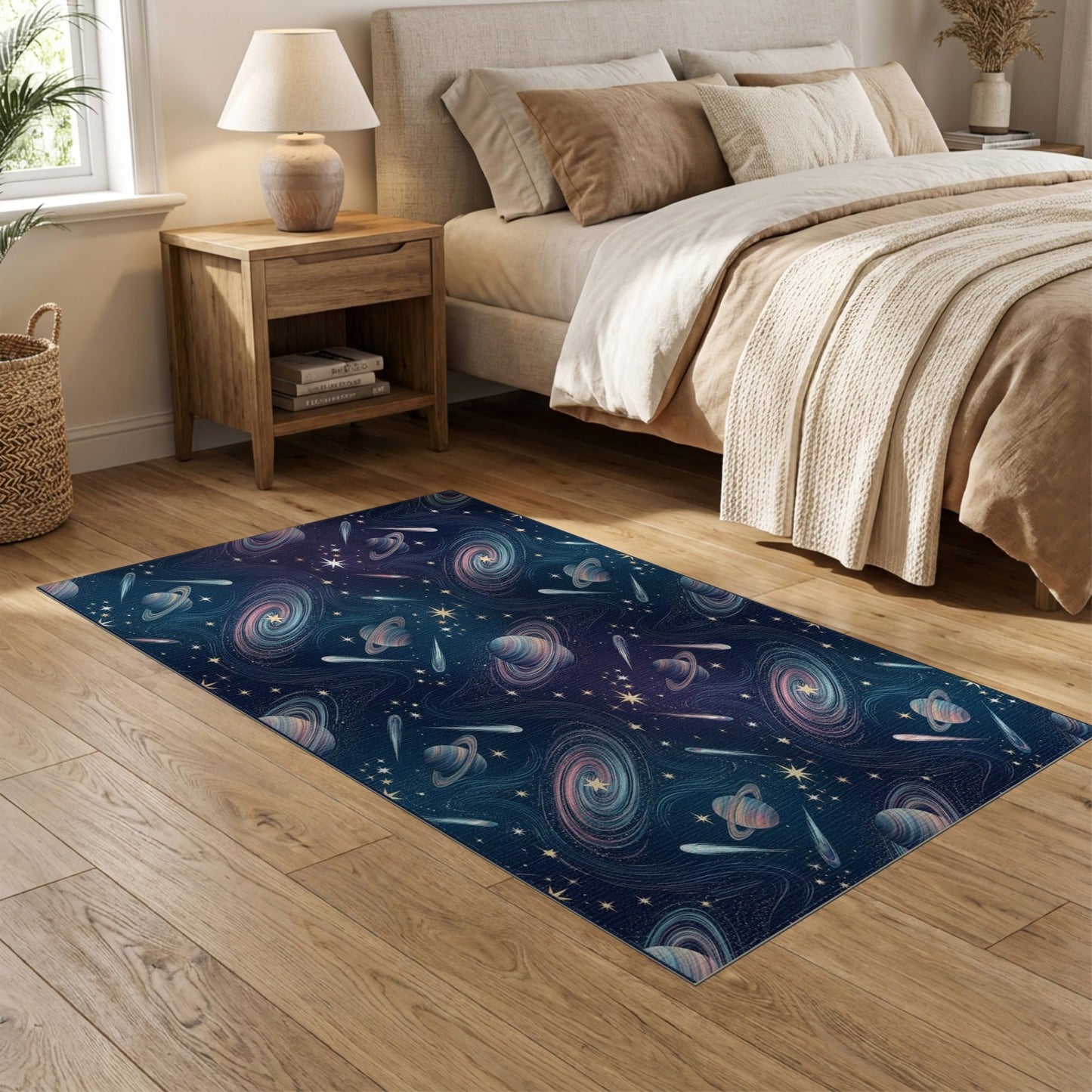 ODIKA 5'x7' Themed Midnight Displaying Bodies Cosmic Artwork Starry Washable Area Rug Non-Slip Low Profile for Guest Room, Lounge, Apartment