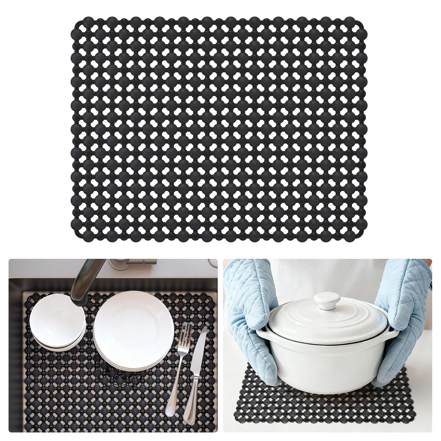 QiCaiJia Kitchen Sink Mat for Stainless Steel Ceramic Sinks, PVC Sink Protectors Mats for Bottom of Kitchen Sink, Dishes and Glassware Drain Mats, Durable and Fast Draining, Black 15.7 x 11.8 inch