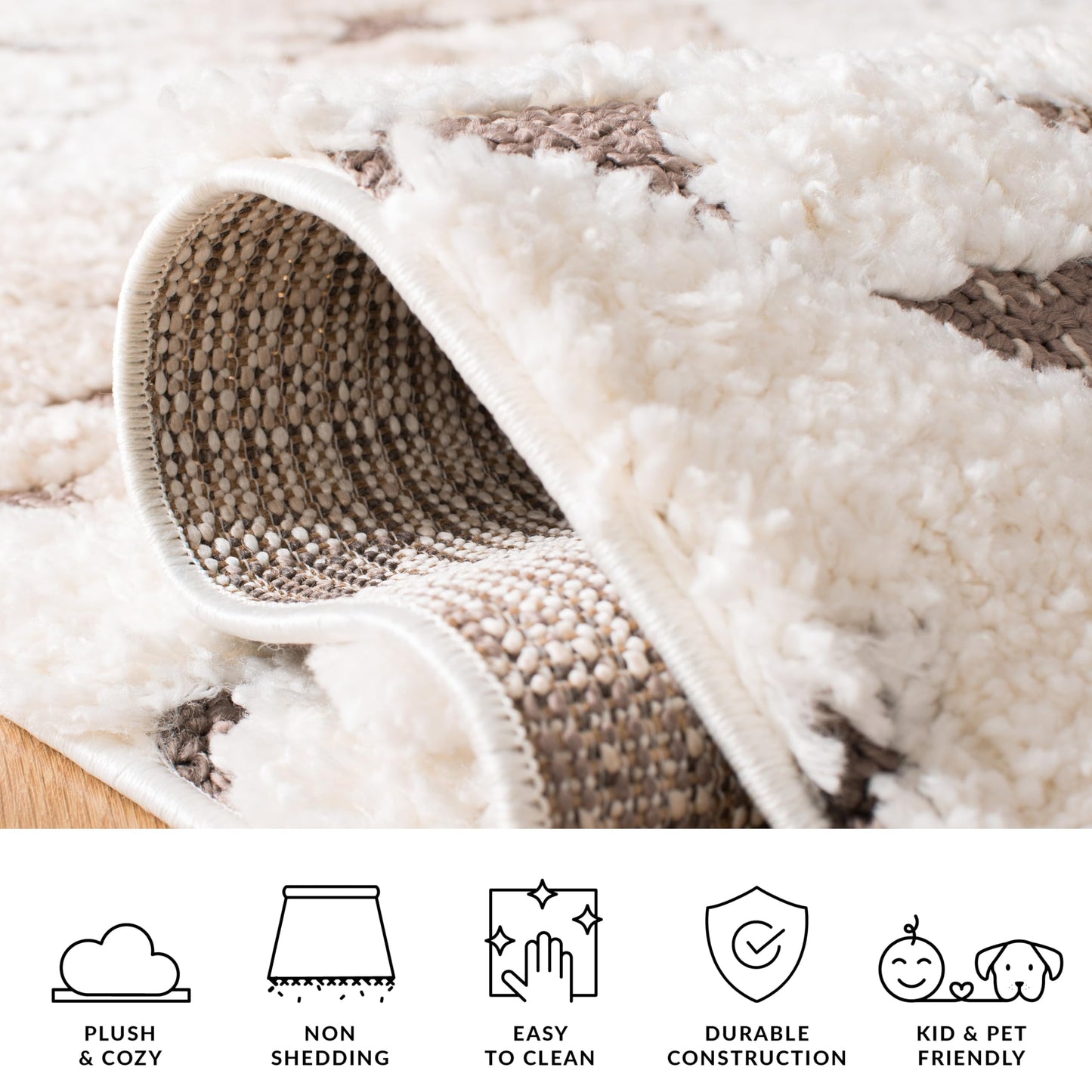 SAFAVIEH Moroccan Tassel Shag Collection Area Rug - 3' Square, Ivory & Brown, Non-Shedding & Easy to Clean, Plush High-Low Texture, Ideal for Living Room, Bedroom, Dining Space (MTS688A)