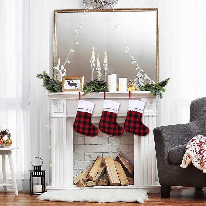 URATOT 12 Pack 15 Inches Christmas Stockings Red and Black Plaid Pattern Felt Christmas Holiday Stockings Christmas Tree Hanging Ornaments Xmas Fireplace Decoration Set