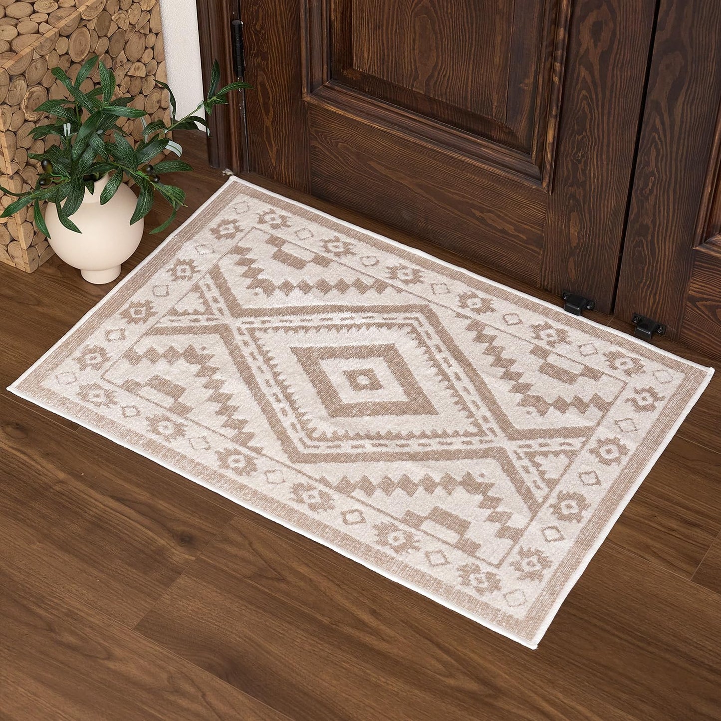 RAMEFILD Moroccan Washable Entryway Rug 2x3, Geometric Woven Area Rug, Non-Slip Boho Accent Soft Low-Pile Front Door Mat Indoor Entrance, Small Throw Rug for Bathroom Front Porch, Cream/White