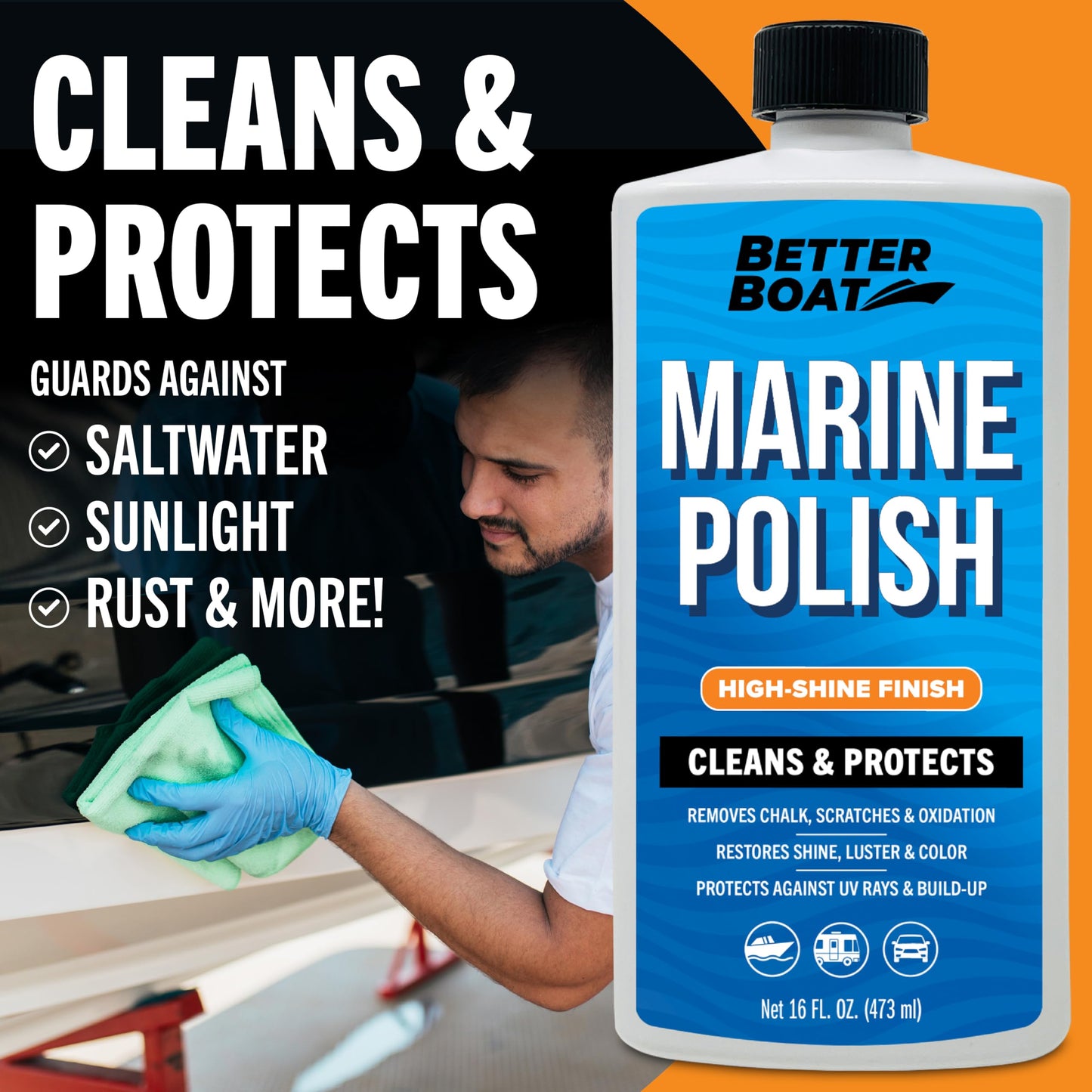 Marine Polish High-Gloss Gel Coat Restorer, Oxidation Remover with UV Protection for Fiberglass, Metal, Painted Surfaces, Boats, and RVs - Better Boat