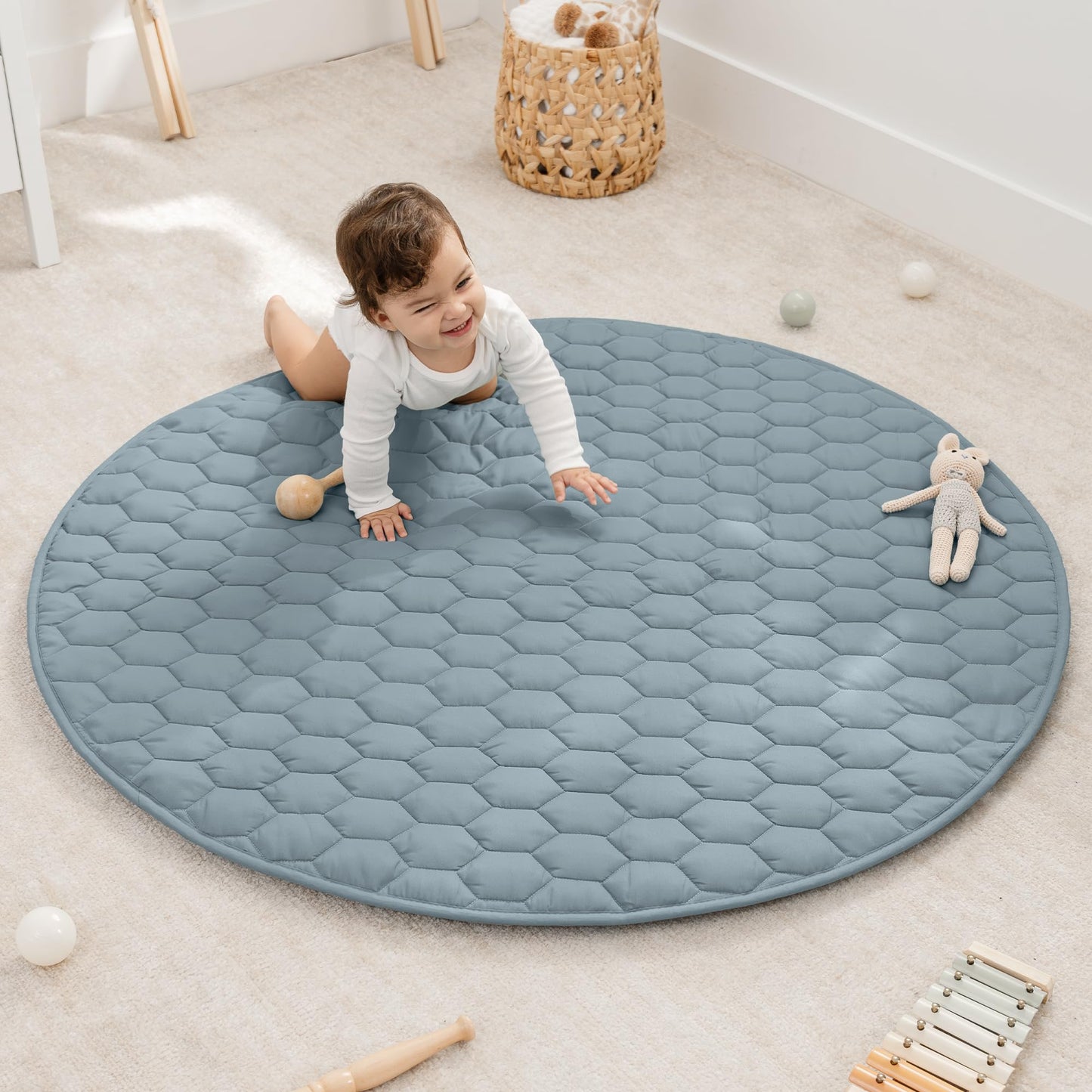 Comfy Cubs Round Kids Play Mat - Medium 48 inches Soft Quilted Baby Floor Mat with Non-Slip Bottom - Plush Design for Toddlers' Playtime - Comfortable and Durable - Pacific Blue