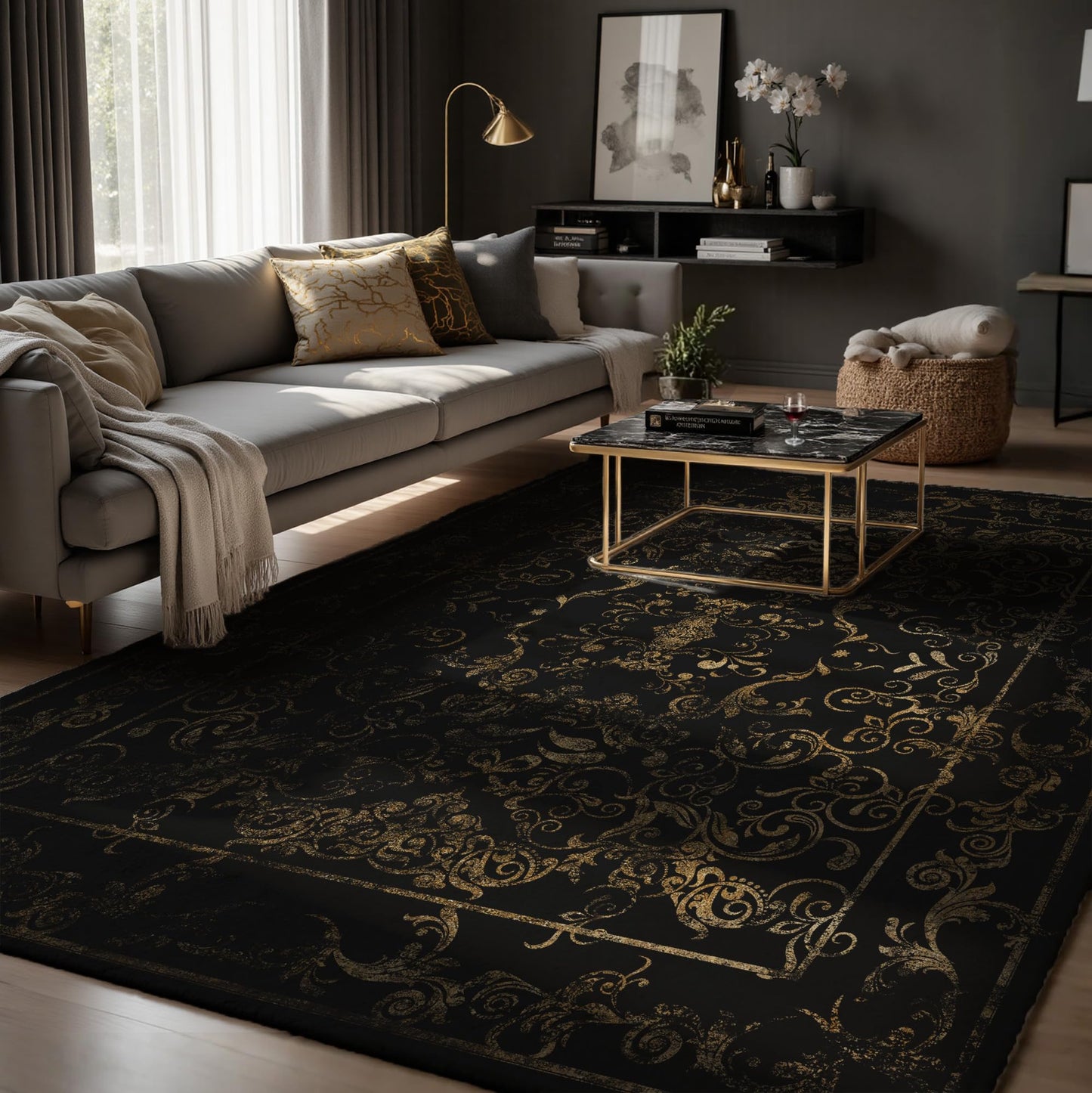 Dark Baroque Gold & Black Area Rug 8x10 - Intricate Filigree Carpet with Symmetrical Scrolls & Ornate Borders, Luxurious Machine Washable Non-Slip Rug for Living Room, Bedroom.