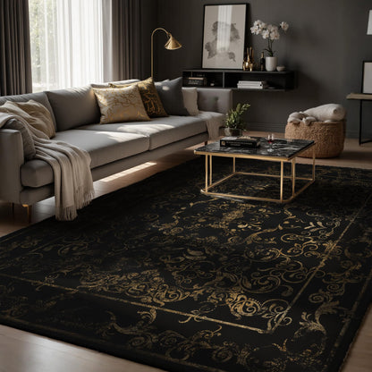 Dark Baroque Gold & Black Area Rug 8x10 - Intricate Filigree Carpet with Symmetrical Scrolls & Ornate Borders, Luxurious Machine Washable Non-Slip Rug for Living Room, Bedroom.