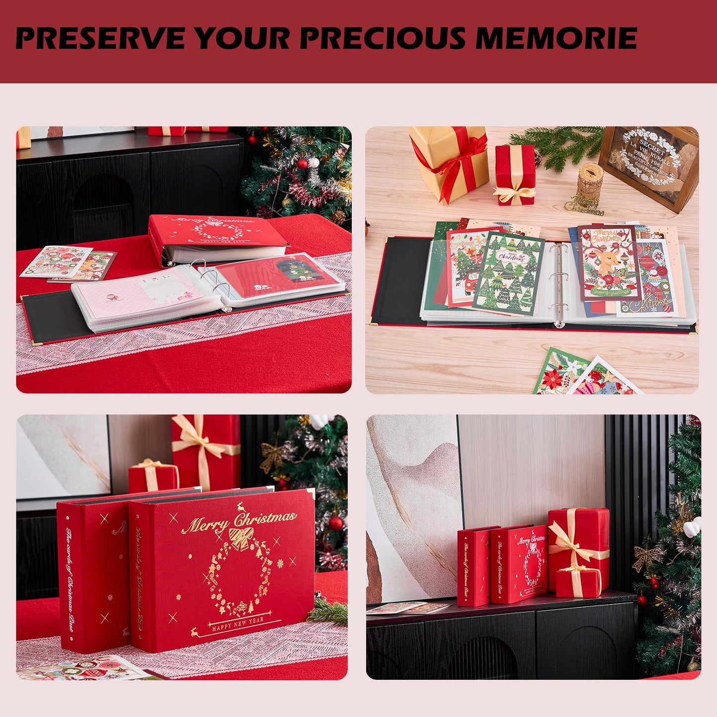 MANWU Christmas cards organizer binder album, greeting cards display organization Storage Holder, Cardkeeper special cards leather book, holds 100 cards (Golden)