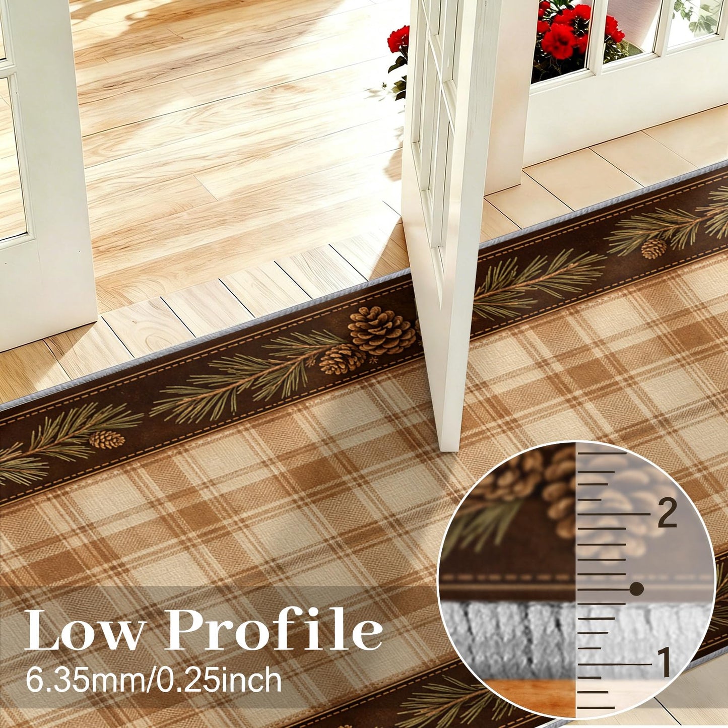 Rustic Cabin Runner Rug 2x10 Earth Tone Plaid Hallway Runner Rug, Pinecone Plaid Border Rugs, Western Rugs for Hallway, Non-Slip Washable Low Pile Entryway Carpet for Kitchen Living Room Bedroom