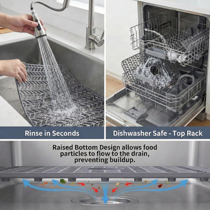 AWOKE Sink Protectors for Kitchen Sink - 26"x 14" Sink Mat - Heat-resistant Easy-clean Silicone Sink Mat - for Protection of Stainless Steel Sink - with Center Drain (Grey),Kitchen Sink Accessories