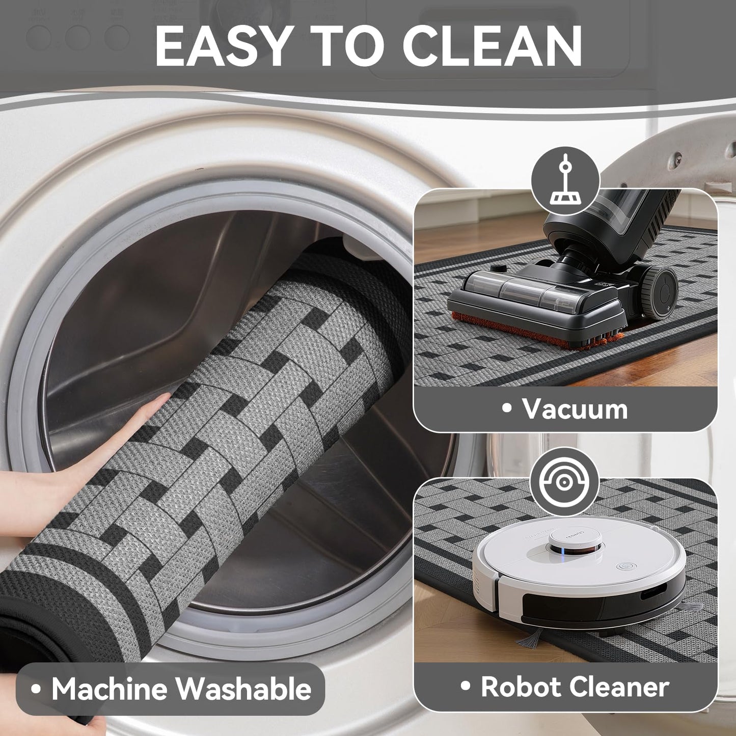 QiCaiJia Kitchen Mats for Floor, 17''x30'' Washable Absorbent Non Slip Kitchen Mat, Braided Kitchen Runner Rug, Kitchen Sink Rug, Grey