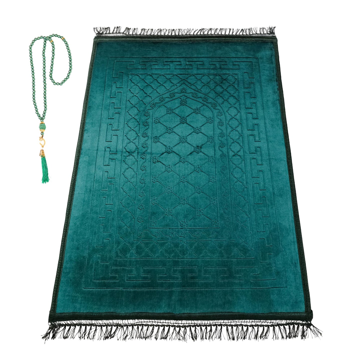 FIRASET Prayer Rug - Soft Plush Turkish Janamaz Sajada Carpet for Men and Women - Plain Solid Prayer Mat Ramadan Eid Gift - with Prayer Beads - Luxury Floral Stamp, Dark Green