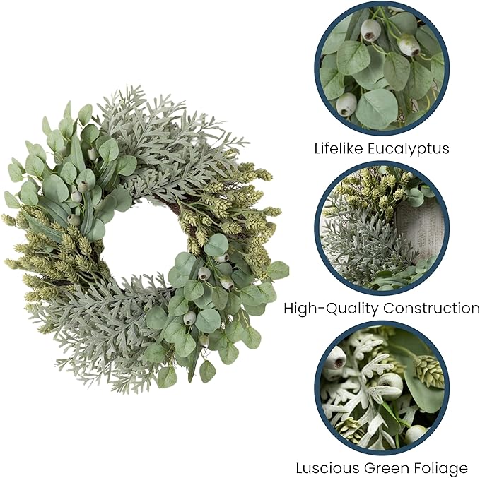 Sullivans Eucalyptus Wreath for Front Door, 26" Mixed Olive Green Pod Leaf Round Summer Wreaths, Indoor Outdoor Greenery Decorations for Fireplace, Mantle, Home Décor