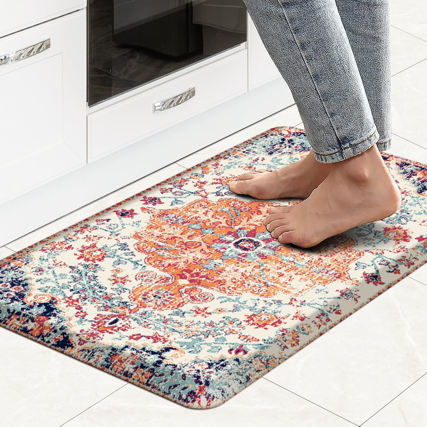 MAYHMYO Boho Kitchen Mat Anti Fatigue Ethnic Kitchen Cushioned Floor Mat Orange Blue Kitchen Rugs Non Slip Cool Rugs for Kitchen Floor Office