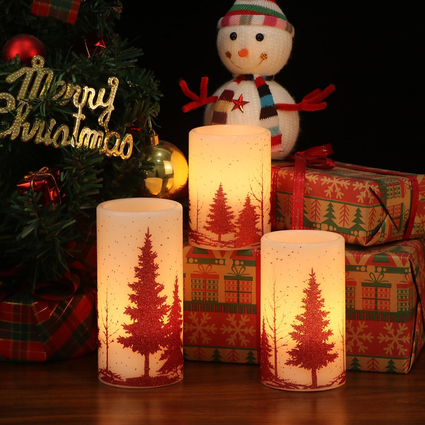 Wondise Flickering Flameless Candles with Timer, Battery Operated Real Wax Warm Light Red Christmas Tree Decal Candle for Home Decoration Christmas Gifts, Set of 3(D3 x H4/5/6 Inch)