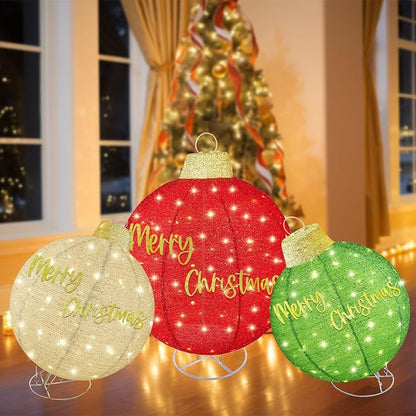 HOYECHI 3pc Lighted Pop-Up Outdoor Christmas Ornament Set – Holiday Ball Decorations with 290 LED Lights, 8 Lighting Modes, for Yard & Outdoor Christmas Decor - Red/Green/Gold