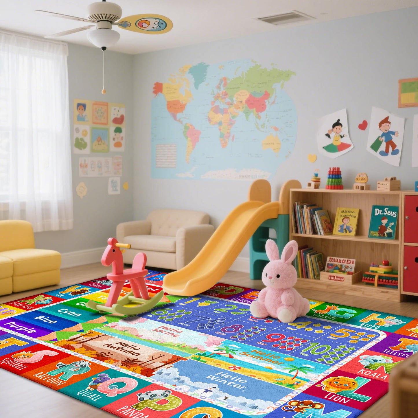 5x7 Kids Rug for Classroom & Playroom - ABC Alphabet Educational Area Rug with Animals Numbers & Colors - Non-Slip Carpet Playmat for Nursery Preschool Elementary