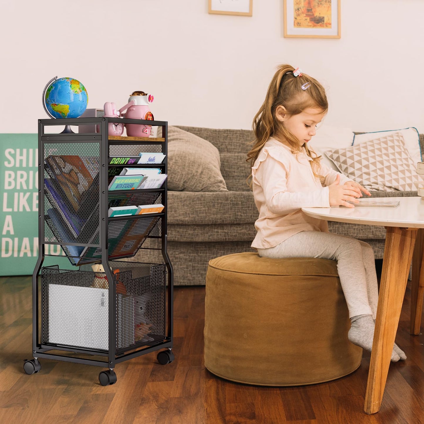 DAOUTIME 8 Tier Rolling File Cart with Hanging File Folder Organizer, Mobile File Organizer with 2 Sides Access Bookcase, Beside/Under Desk Cart with Wheels for Office Home School