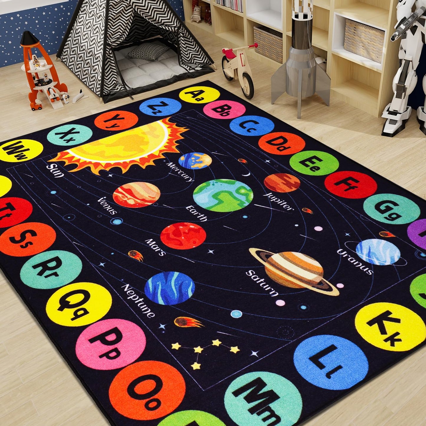 AKASISRUG Kids Rug Outer Space Carpet for Playroom, ABC Educational Learning Area Rug, Non-Slip Solar System Road Play Play Rug for Kids Bedrooms, Classroom, Room Decor (Black, 78.7X59 INCH)