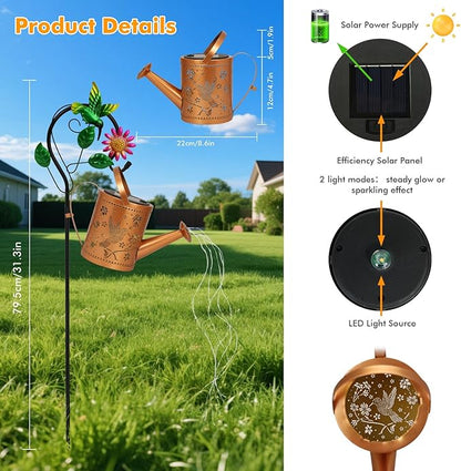 Outdoor Hanging Solar Lantern Waterproof Metal Openwork Hummingbird Watering Can Landscape Lights with Shepherd Hook for Porch Lawn Driveway Backyard Pathway Mom Grandma Gifts