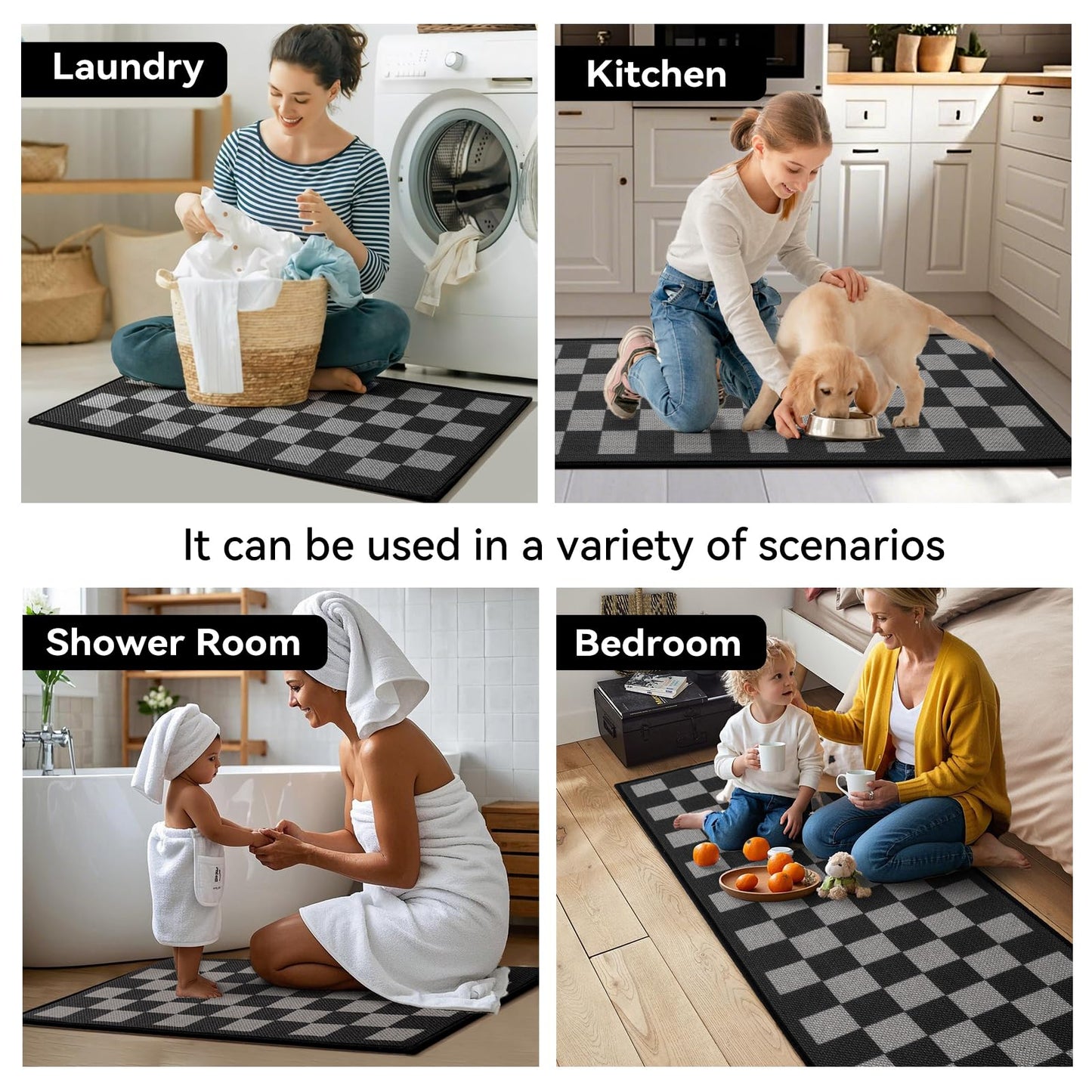 YDKGL Kitchen Mats for Floor Kitchen Rugs Non Slip Washable, Super Absorbent Linen-Look Woven Runner Rug, Kitchen Sink Mat Standing Mat, Black Gray Checkered 17"x47"