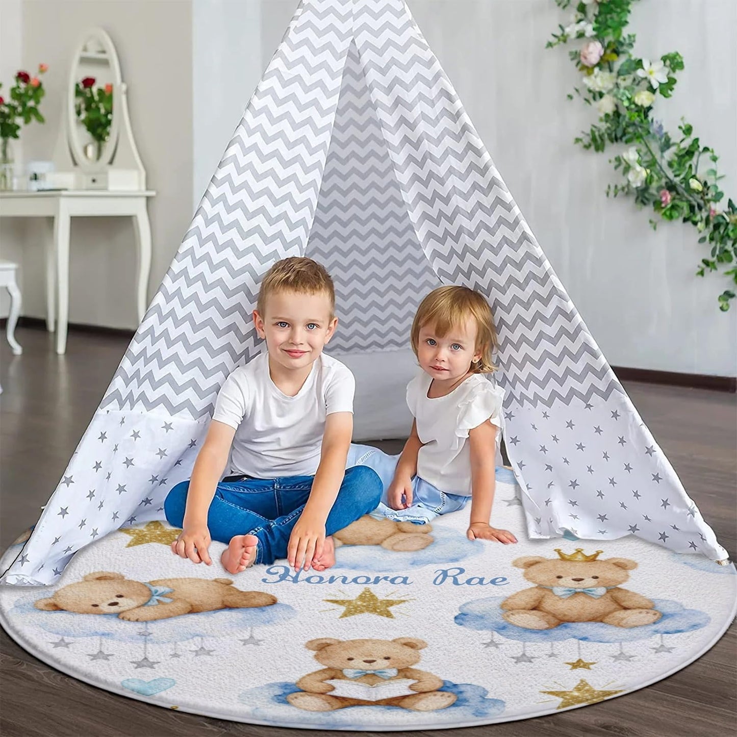 Joyestore Personalized Wise Bears Moon Clouds Stars Custom Round Area Rug Baby Crawling Floor Mats Gifts for Boys Girls Babies with Names Nursery Bedroom Living Room Decor